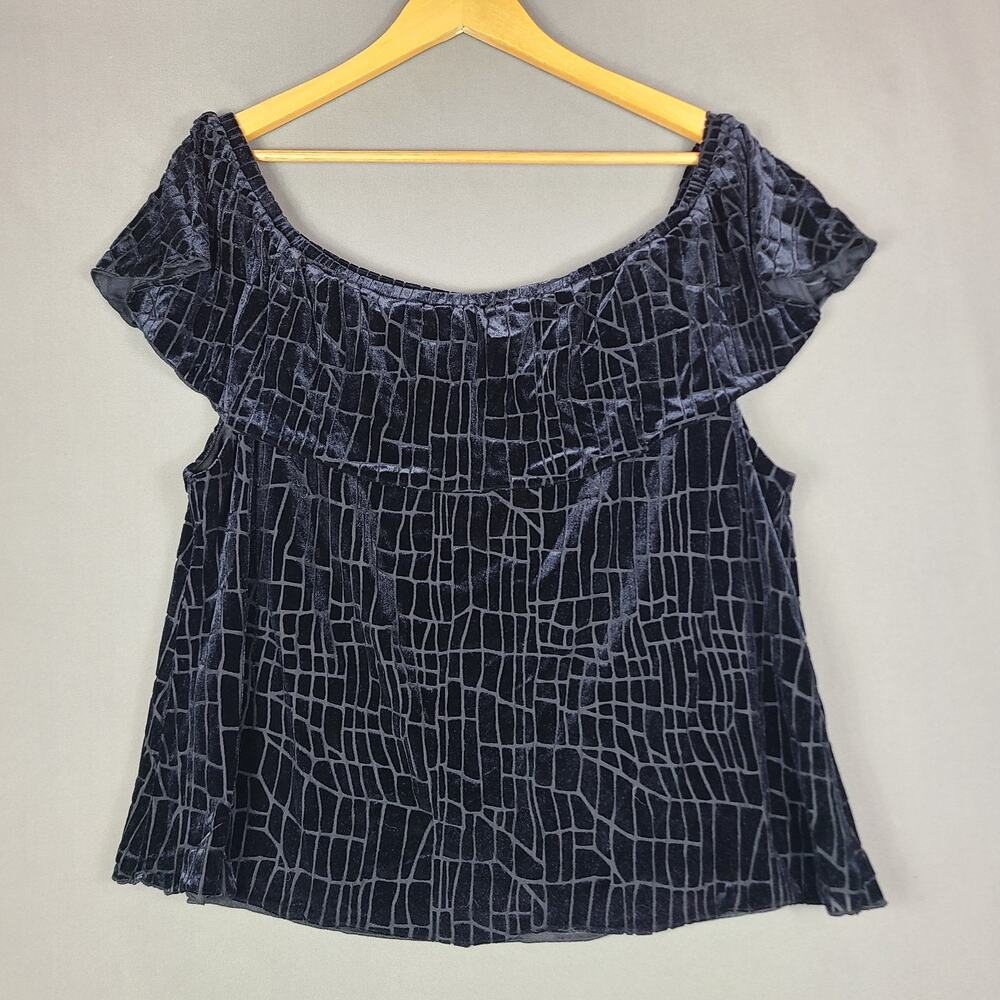 Halston Velvet Abstract Brick Print Off Shoulder Top Black Whimsigoth Size XL